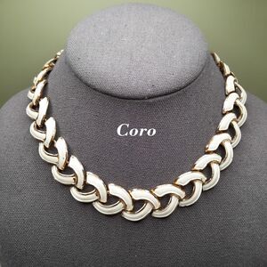Vintage Coro Necklace, Gold Tone Links, Off White Enamel, 1950s, 16 Inch